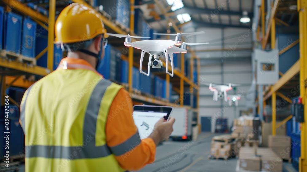 Poster engineers utilizing tablets to manage drone operations in high-tech logistics center