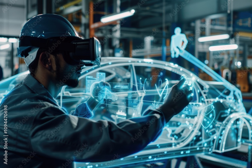 Poster futuristic automotive assembly: engineers utilize augmented reality for real-time troubleshooting