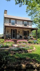 Fototapeta premium A charming stone house with a flower garden and porch on a sunny day.