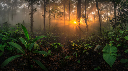 A jungle sunrise with golden light breaking through the canopy and illuminating the misty forest floor.