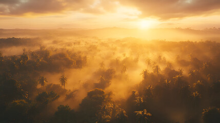 A jungle sunrise with golden light breaking through the canopy and illuminating the misty forest floor.