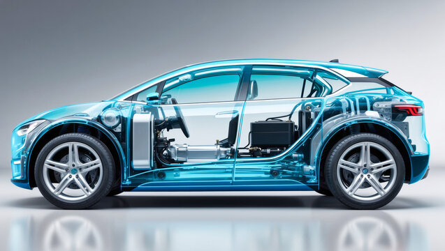 Digital rendering of a transparent high tech electric car