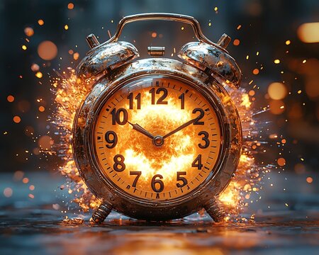 Exploding Digital Alarm Clock in Fiery Burst of Gears and Numbers