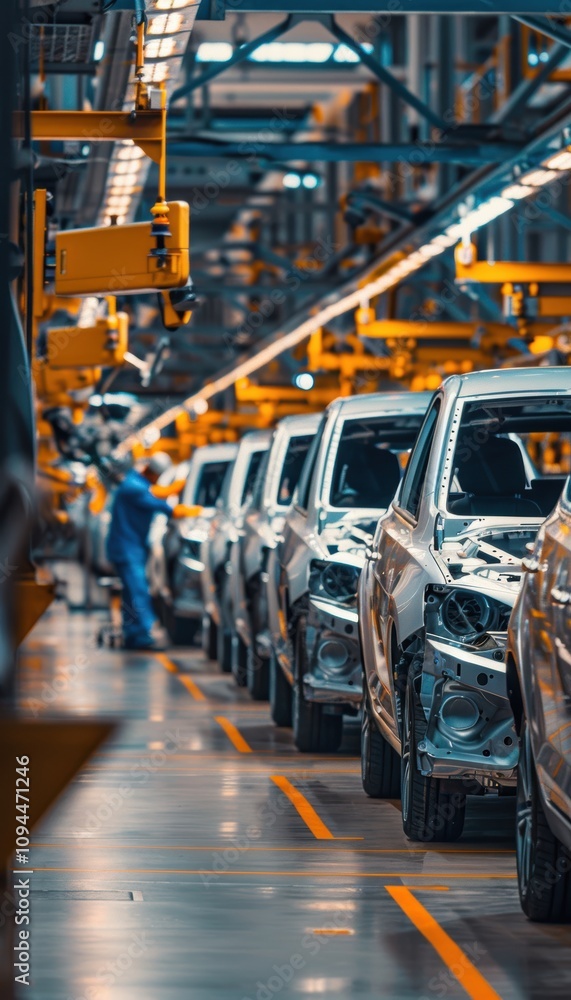 Poster factory workers aligning car sensors on modern assembly line for efficient manufacturing