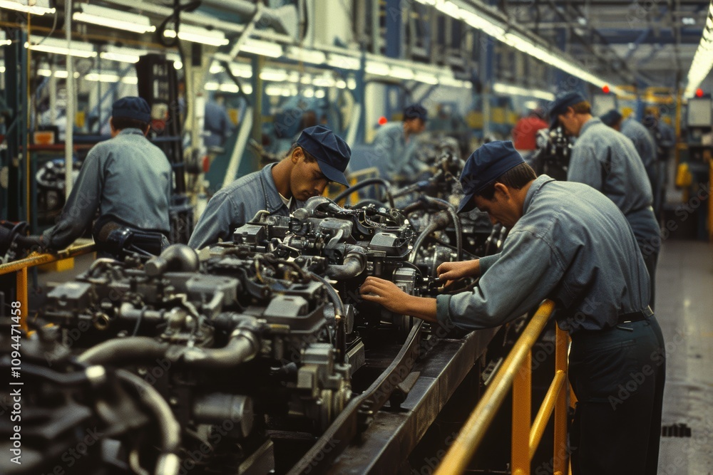 Poster efficient factory workers adjusting car engines on assembly line in industrial setting