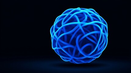 Blue ball with a bunch of strings around it. The blue color of the ball is very bright and stands out against the dark background. The strings around the ball give it a sense of movement and energy
