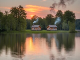 Obraz premium A serene sunset over a lake with two cabins nestled in the trees.