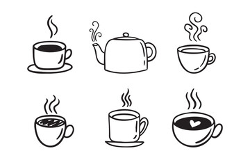 Hand drawn hot drinks set. Doodle coffee cups white background. Coffee, tea, cappuccino, espresso, latte, americano, hot chocolate
