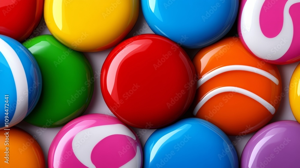 Poster colorful assortment of candy shaped like balls. the candy is in various colors and sizes, with some 