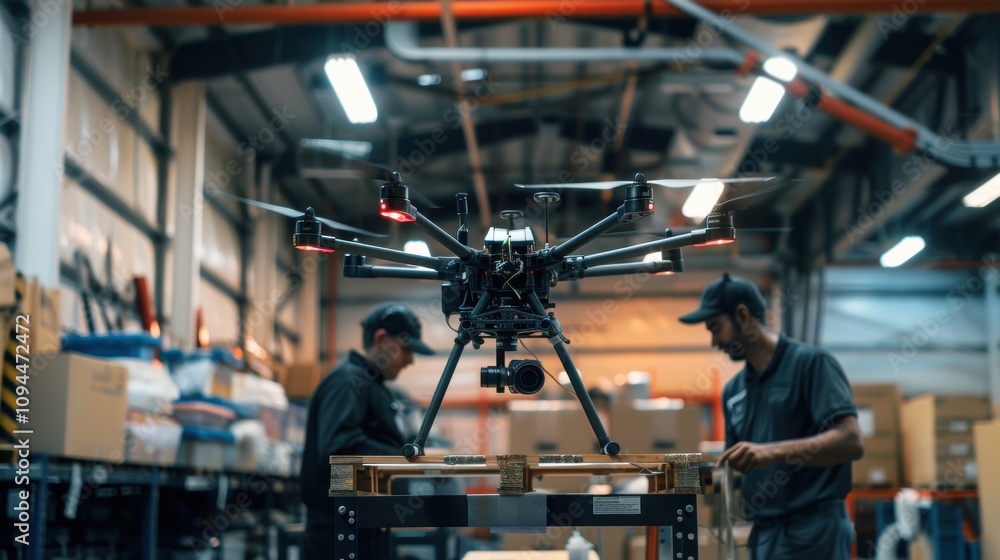 Poster drone maintenance technicians in a well-lit warehouse setting for operational efficiency
