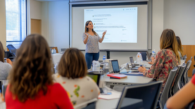 A female instructor explaining app development frameworks in a corporate training room 