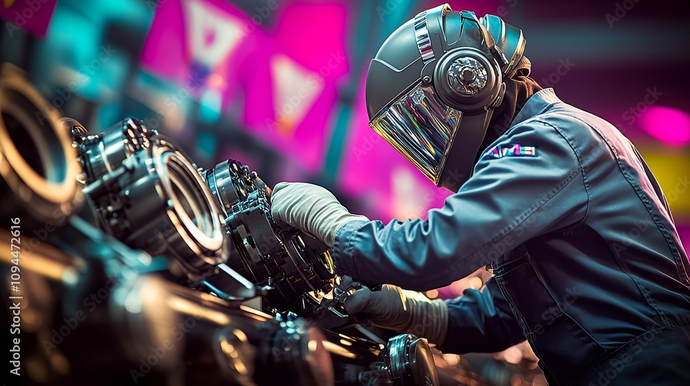 Poster a mechanic working on a large engine with a headlamp and gloves
