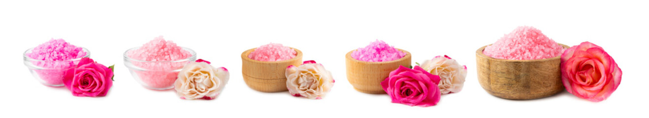Sea salt for bath with rose aroma isolated on white background. Pink sea salt. Spa treatments. Natural salt with herbs and essential oils. skincare concept.