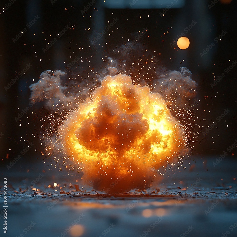 Poster a futuristic high tech bomb exploding in slow motion with dispersing glowing shards and clean space 