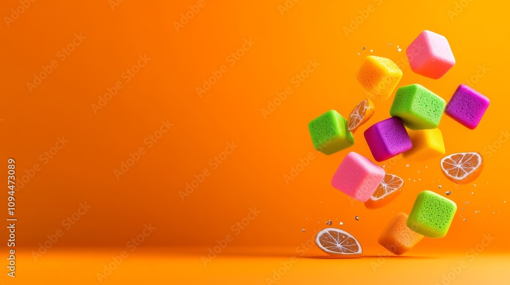 Poster colorful background with a bunch of cubes and an orange slice. the cubes are in different colors and
