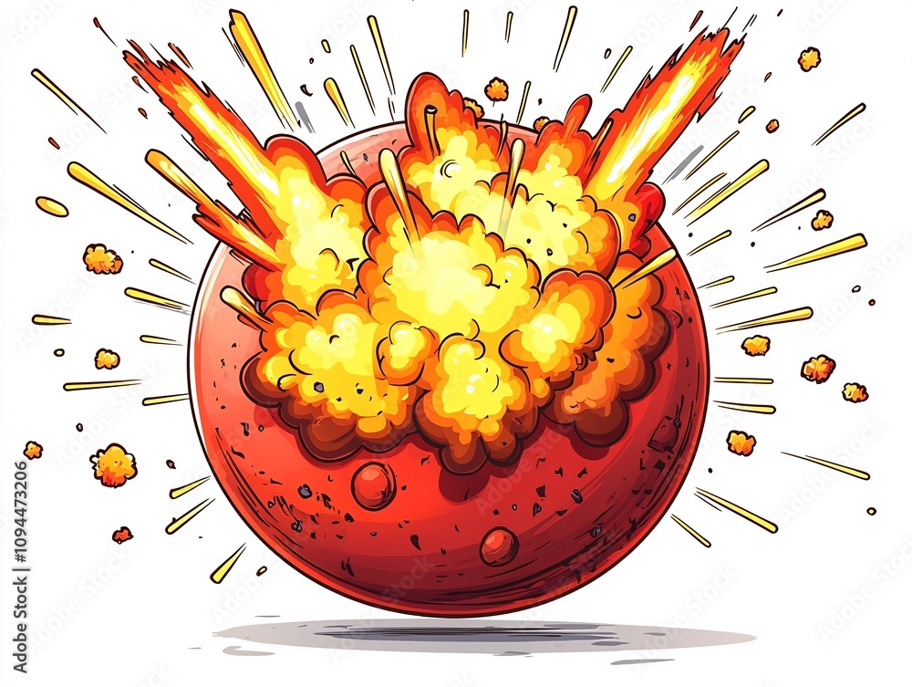 Poster cartoon style bomb exploding into colorful fireworks on white background