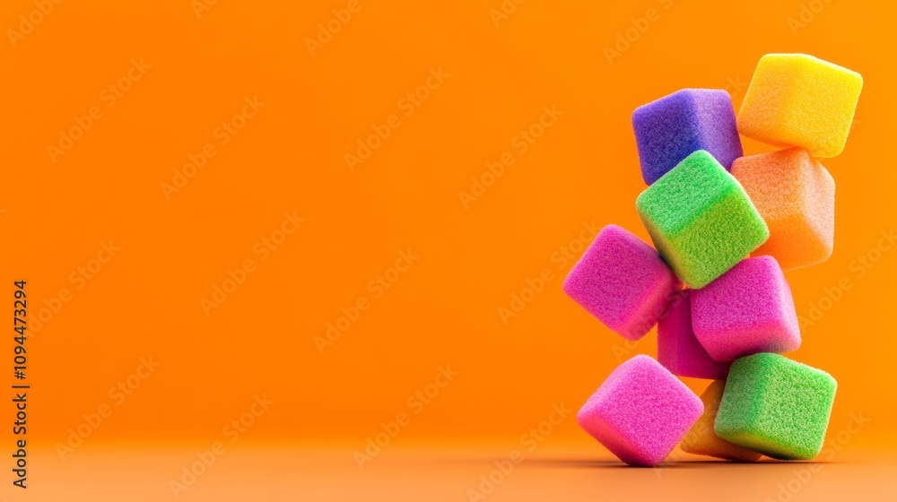 Poster pile of colorful blocks on an orange background. the blocks are stacked in a way that they look like