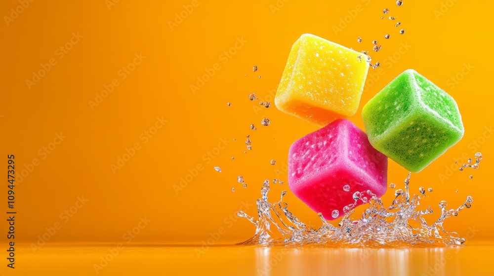 Aufkleber colorful candy cube is floating in a splash of water. the candy is made of sugar and is in the shape