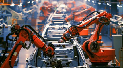 Fototapeta premium Robotic Arms Installing Headlights in High-Tech Automotive Factory Environment