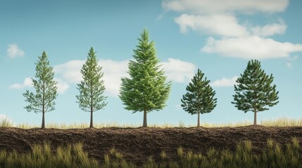 Obraz premium A series of five trees illustrating growth stages against a blue sky and grassy terrain.