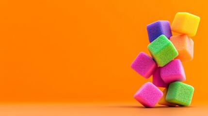 Pile of colorful blocks on an orange background. The blocks are stacked in a way that they look like they are about to fall. The scene gives off a playful and fun vibe