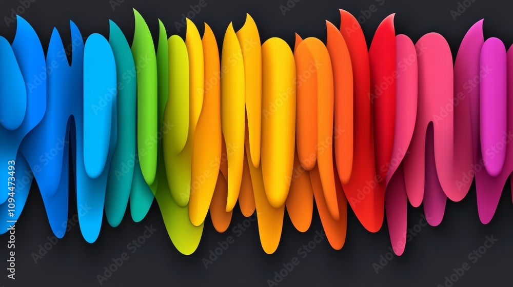 Poster colorful rainbow with a black background. the rainbow is made up of many different colored shapes. t