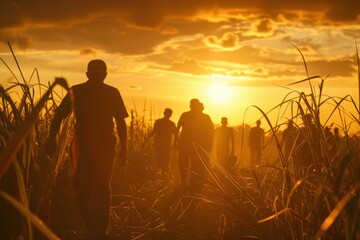 Golden Sunset Silhouettes: Workers in Sugar Cane Field After Harvesting