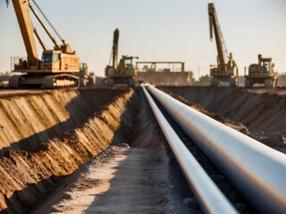 Long horizontal oil and gas pipeline prepared for laying in an open pit construction site with machinery in the background.