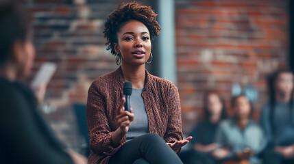A female leader moderating a Q&A session after a tech presentation 