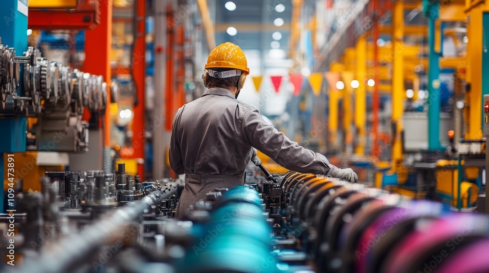 Poster a worker in a busy industrial factory setting