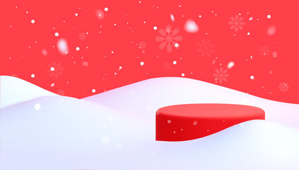 Winter 3D Background with Red Podium and Falling Snow