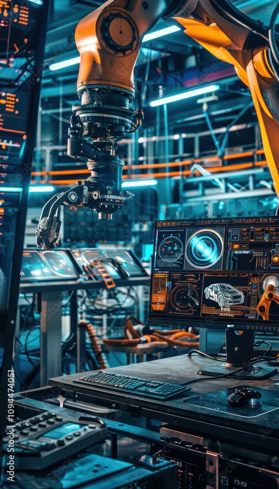 Poster technicians oversee robotic arms in high-tech automobile assembly line for advanced manufacturing