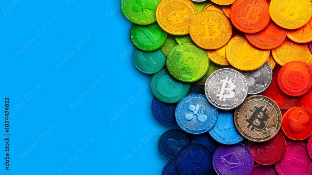 Poster pile of colorful coins with the letter b on them. the coins are arranged in a rainbow pattern