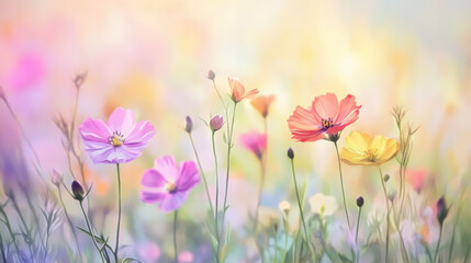 Obraz premium Serene watercolor cosmos flowers soft, dreamy pastel colors evoke peace