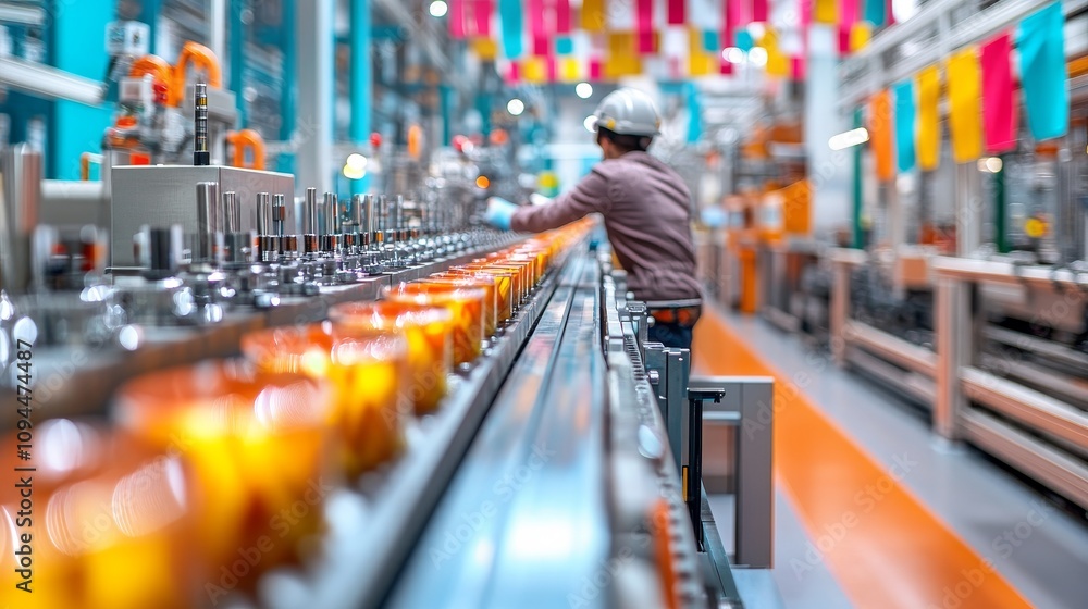 Poster a worker on a production line with oranges in a factory