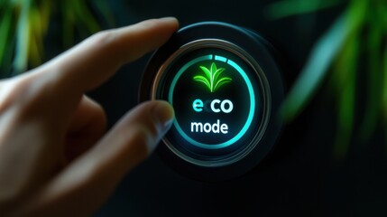 Hand Adjusting Eco Mode Setting on Modern Thermostat with Green Plant Icon, Symbolizing Energy Efficiency and Sustainable Living Technology