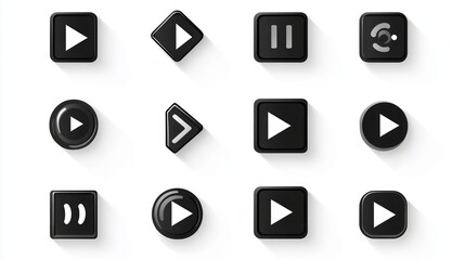 Collection of black play, pause, and stop buttons with shadows.