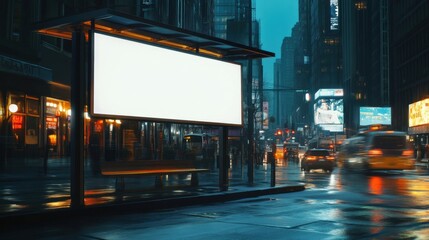 Bus stop mockup with large blank billboard displayed on a busy city street