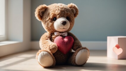 Fototapeta premium Cute teddy bear with a heart-shaped patch sitting on a surface in soft lighting