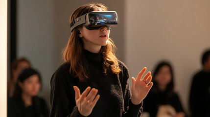 A female tech expert conducting a live demonstration of wearable technology 