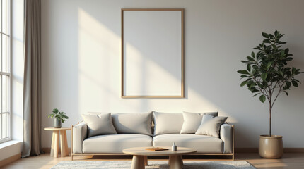 Contemporary Minimalist Living Space Featuring Empty Frame on Wall for Poster Presentation