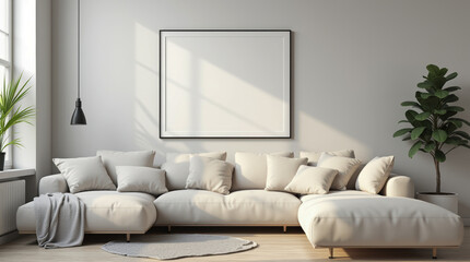 Modern Living Room Interior with Blank Wall Frame Mockup for Artwork Display