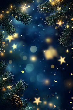Weihnachtlicher Hintergrund im Hochformat. Tannenzweige und Sterne mit Tiefensch&auml;rfe und Bokeh, Weihnachtskarte, erstellt mit generativer KI