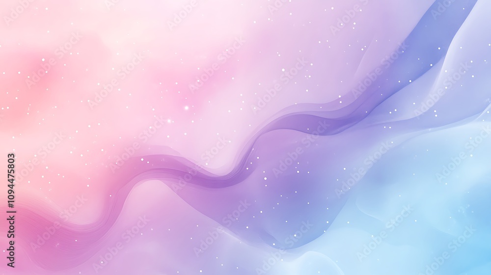 Poster a soft, abstract pastel background with flowing waves and sparkling elements.