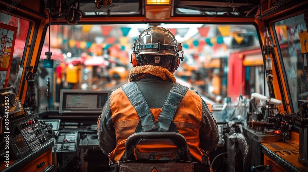 Poster a worker operating a large industrial machine with a crowded background