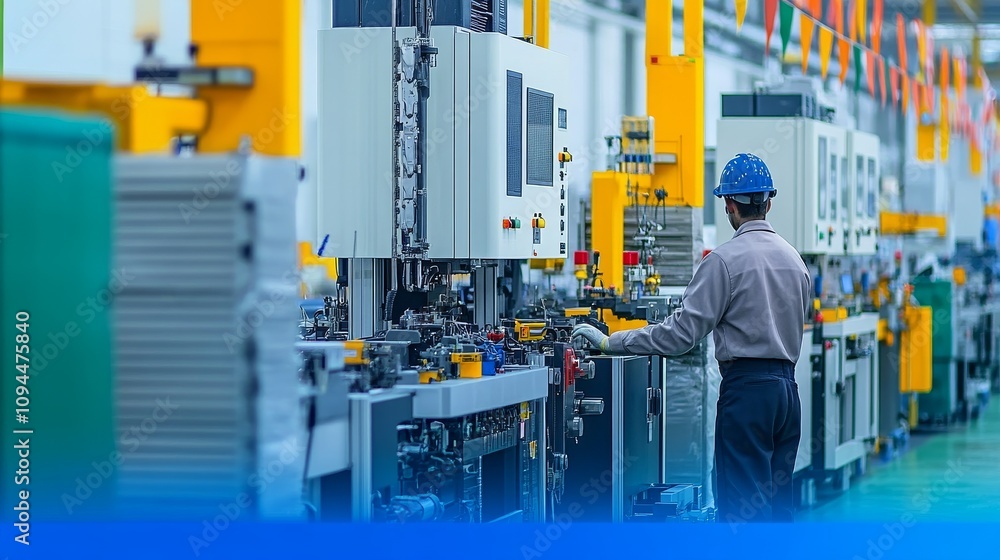 Poster a worker operating machinery in a factory setting