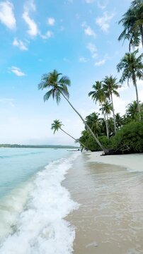 Beautiful tropical beach with white sand, palm trees, turquoise ocean against blue sky with clouds on sunny summer day. Perfect landscape background for summer background and summer holiday concept.