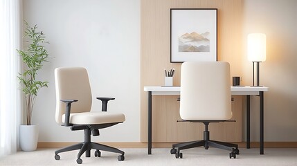 Modern office setup with ergonomic chairs home workspace lifestyle bright environment minimalist concept