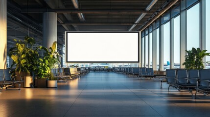Departure lounge in an airport with a blank white billboard for advertisement mockup