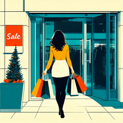 Black Friday Sale - A woman with shopping bags enters another store where a sale is announced. Illustration in a modern bright style